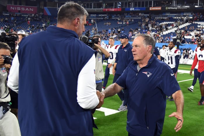 Aug 25, 2023; Nashville, Tennessee, USA; Tennessee Titans head coach Mike Vrabel shakes hands with New England Patriots head coach Bill Belichick after the game at Nissan Stadium.
